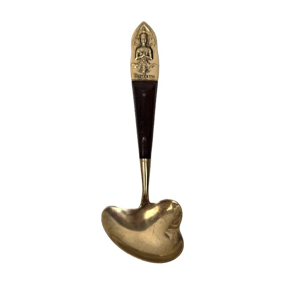 Vintage Condiment Sugar Spoon Buddha Bronze Brass Rosewood Siam Thailand 5.5” - Picture 2 of 7